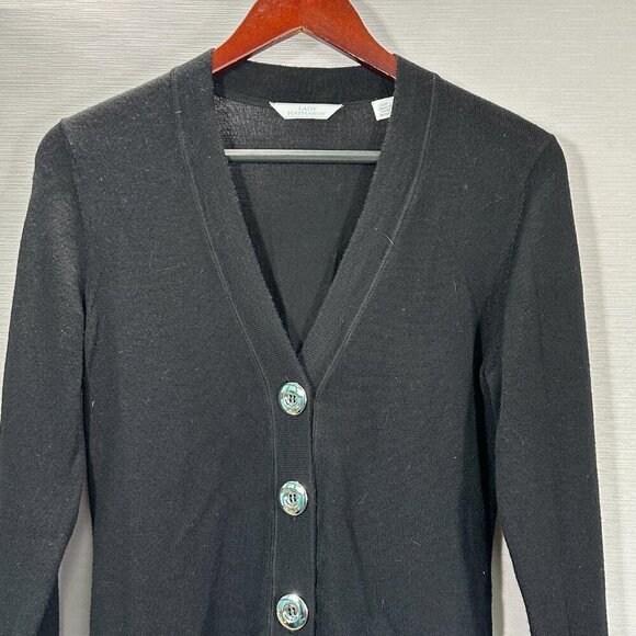Lady Hathaway Sweater Womens Small Cardigan Black Merino Wool Long Sleeve Button - Picture 2 of 8